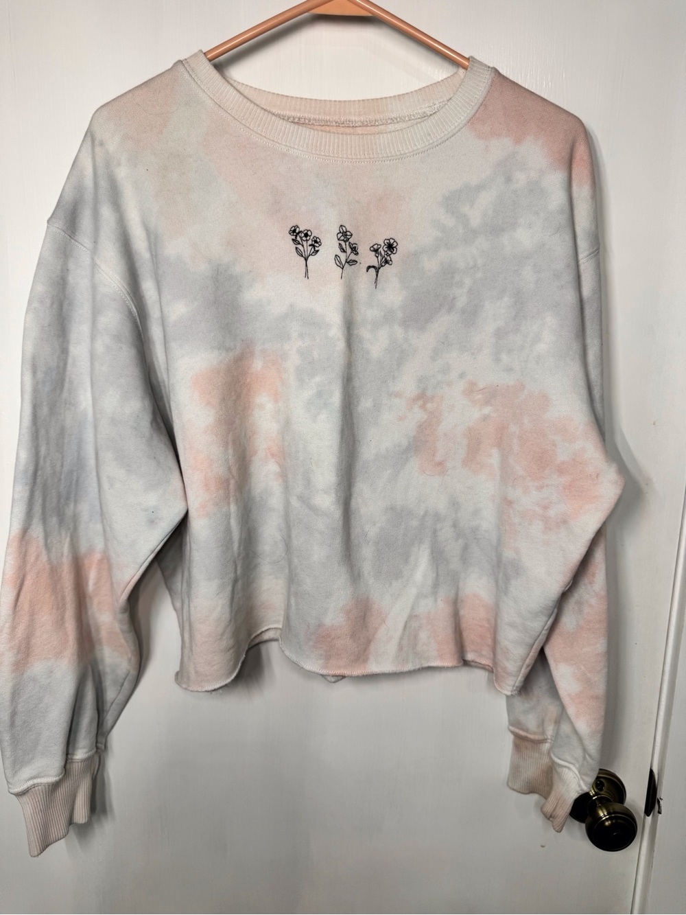 Hollister White & Pink Tie-Dye Cropped Sweatshirt with Black Floral Embroidery